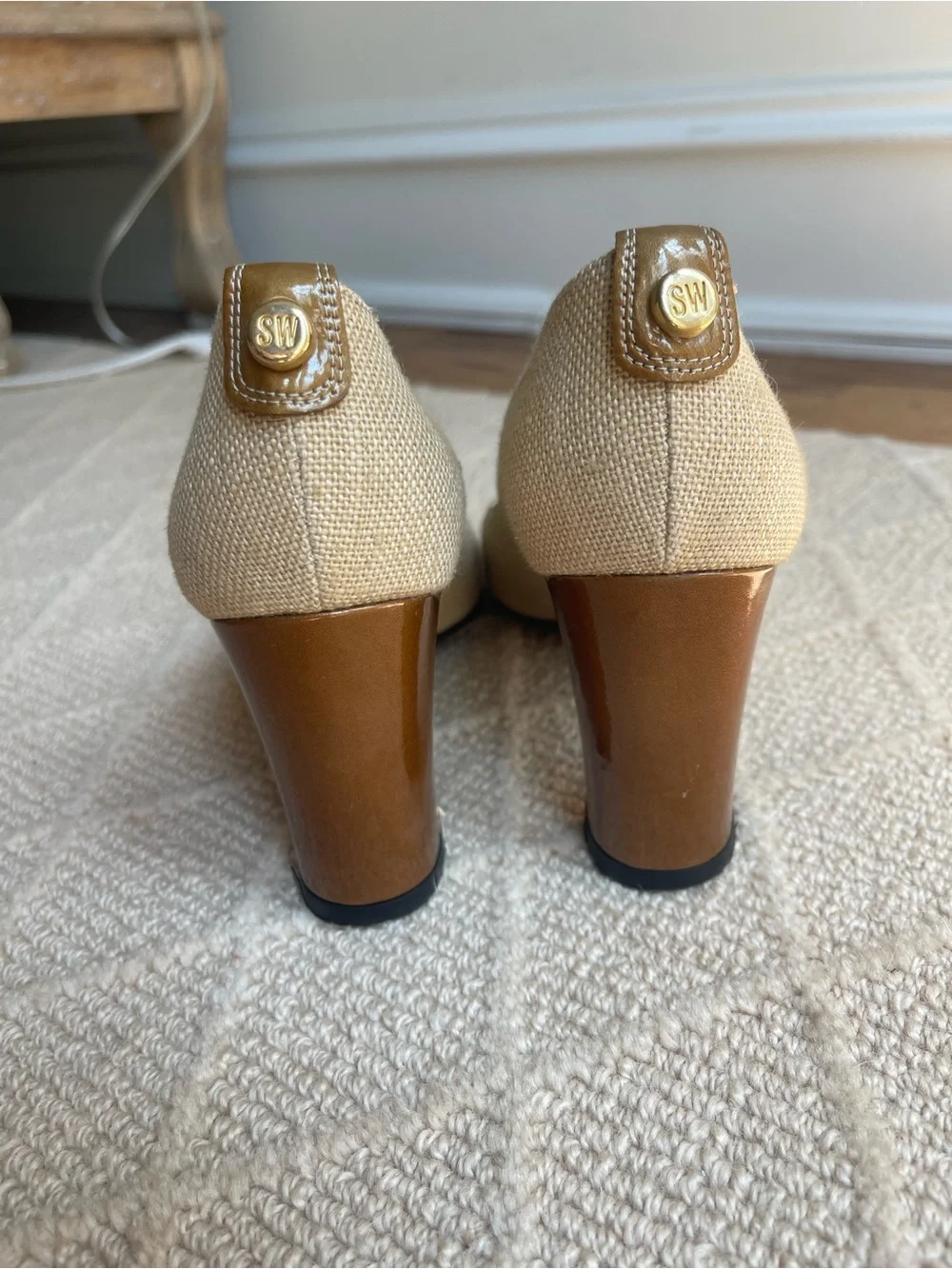 Stuart Weitzman Taupe Linen Peep-Toe Heels with Gold Buckle